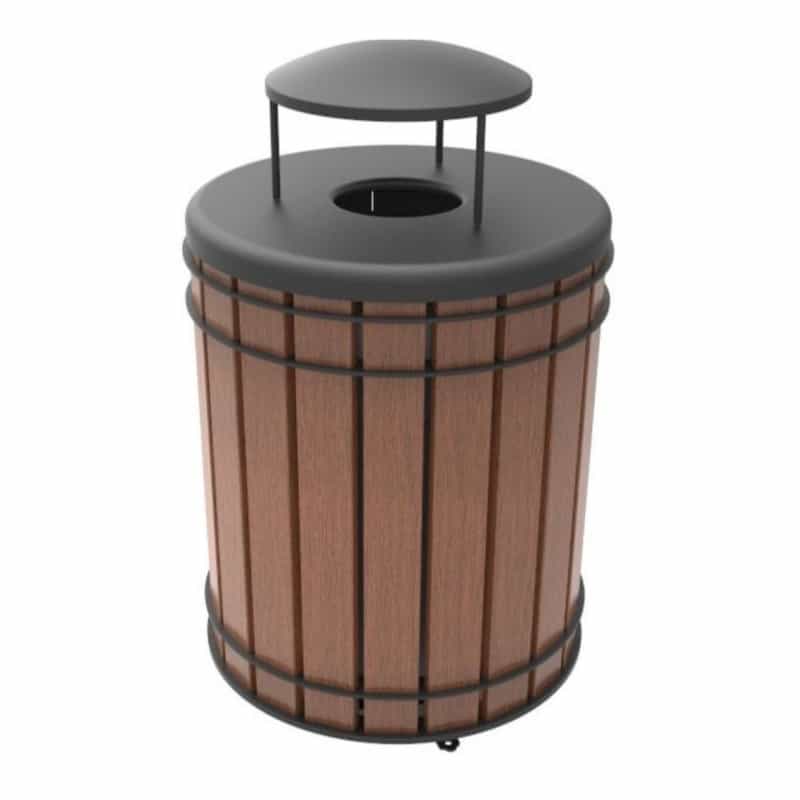 36 Gallon Round Madison Ipe Wood Trash Receptacle With Rain Bonnet Lid And Liner