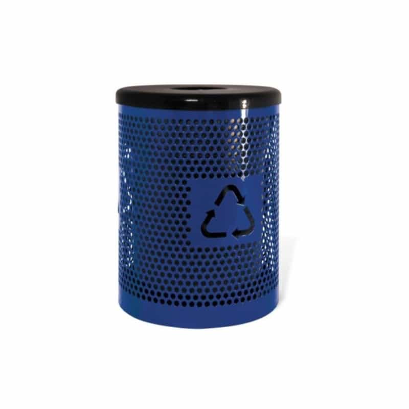 32 Gallon Round Perforated Steel Trash Receptacle With Recycling Logo